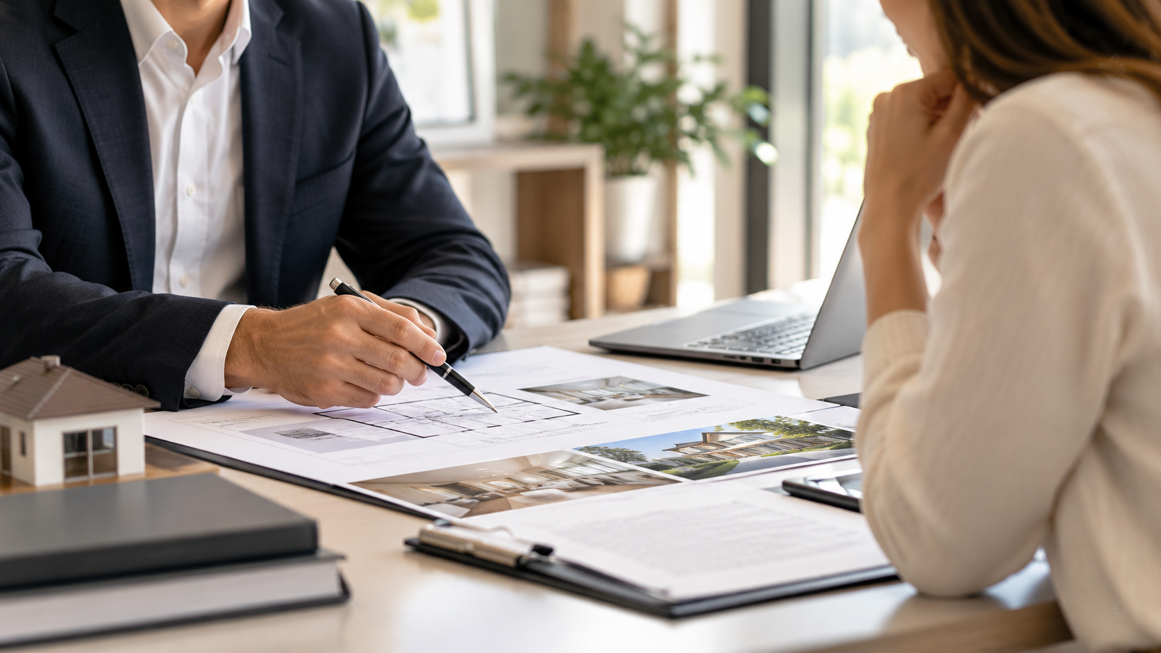 Consulente immobiliare che illustra una planimetria e documenti di vendita a una cliente