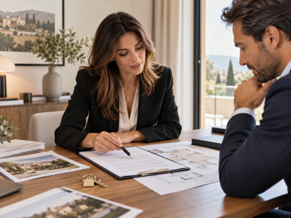 Agente immobiliare che illustra documenti e planimetria a un cliente durante una consulenza per l’acquisto di casa