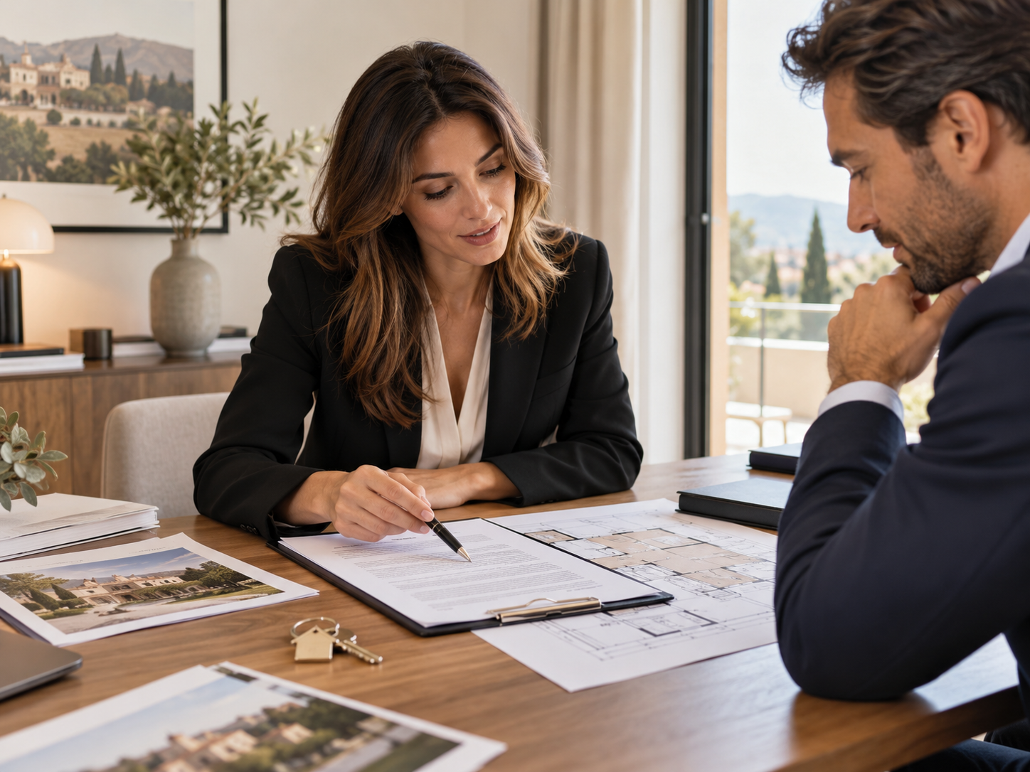 Agente immobiliare che illustra documenti e planimetria a un cliente durante una consulenza per l’acquisto di casa